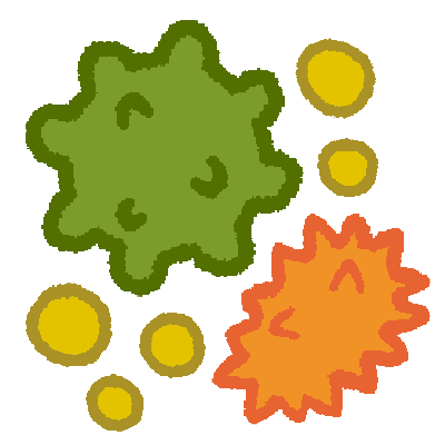 A dotted green pollen shape and a spiky orange pollen shape, surrounded by five yellow pollen dots: two in the top right corner and three in the bottom left corner.